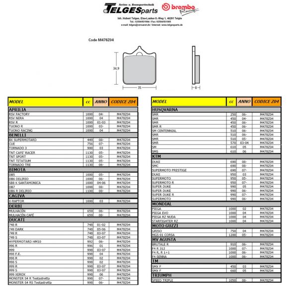 Brembo Racing Bremsbelag 478Z04 verschiedene Modelle (siehe Liste)