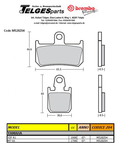 Brembo Racing Bremsbelag 528Z04 für Yamaha R1 '07- und MT01 '07-