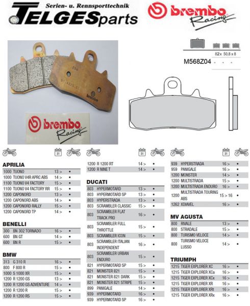 Brembo Racing Bremsbelag 568Z04 Ducati 899