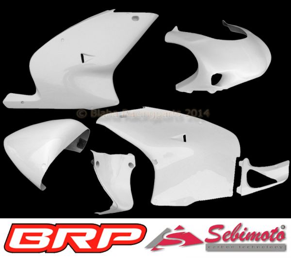 Aprilia RS 125 1999 bis 2005 Serienteilung Sebimoto Rennverkleidung 3 teilig und Unterkiel und Höcker Hinterteil für Originalsitz - Fairing 3 parts and lower keel and tailsection rear part for original seat